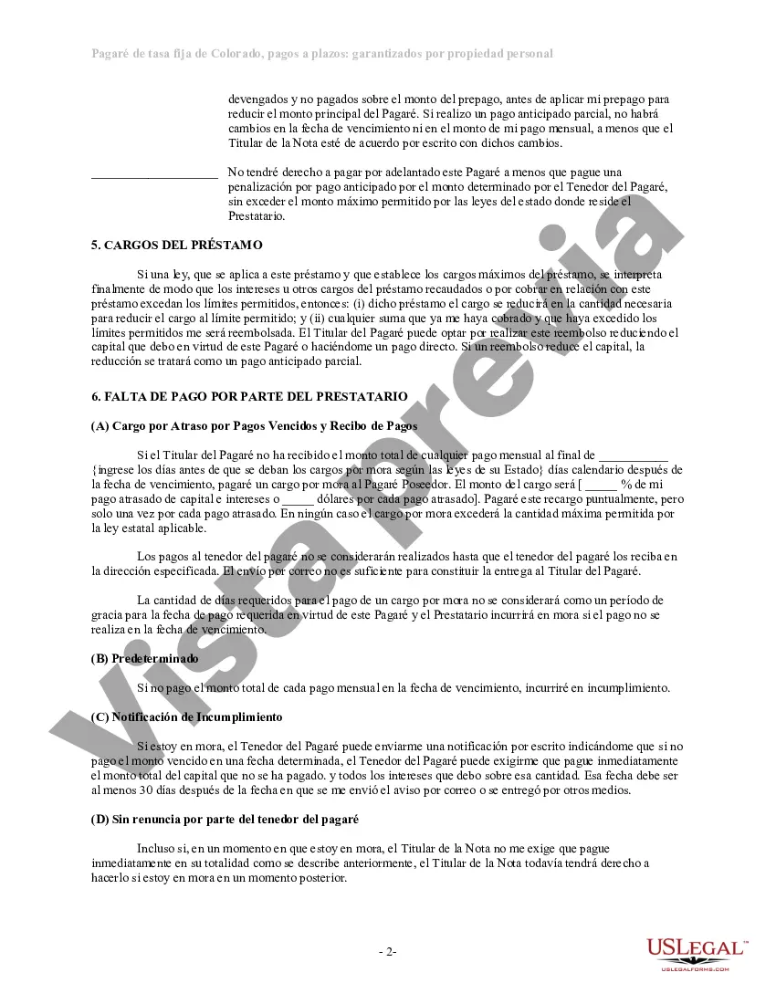 Preview Pagaré de tasa fija a plazos de Colorado garantizado por propiedad personal