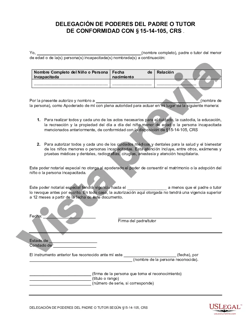 Preview Delegación de poder por parte del padre o tutor - Poder notarial para el cuidado y custodia del niño o niños