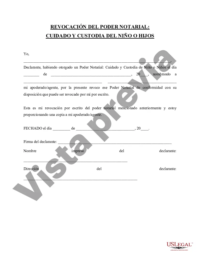 Preview Revocación del poder notarial para el cuidado de un niño o niños