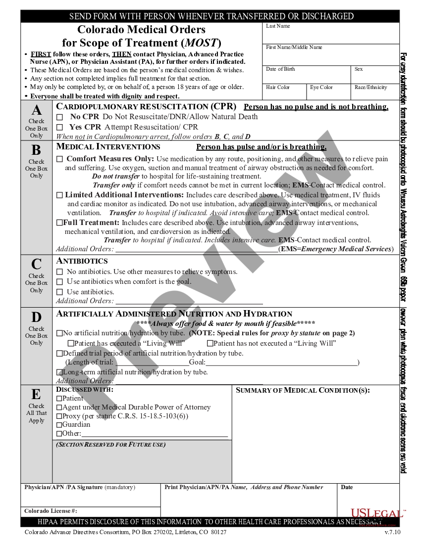 Colorado Medical Orders For Scope Of Treatment MOST Colorado Most Form US Legal Forms