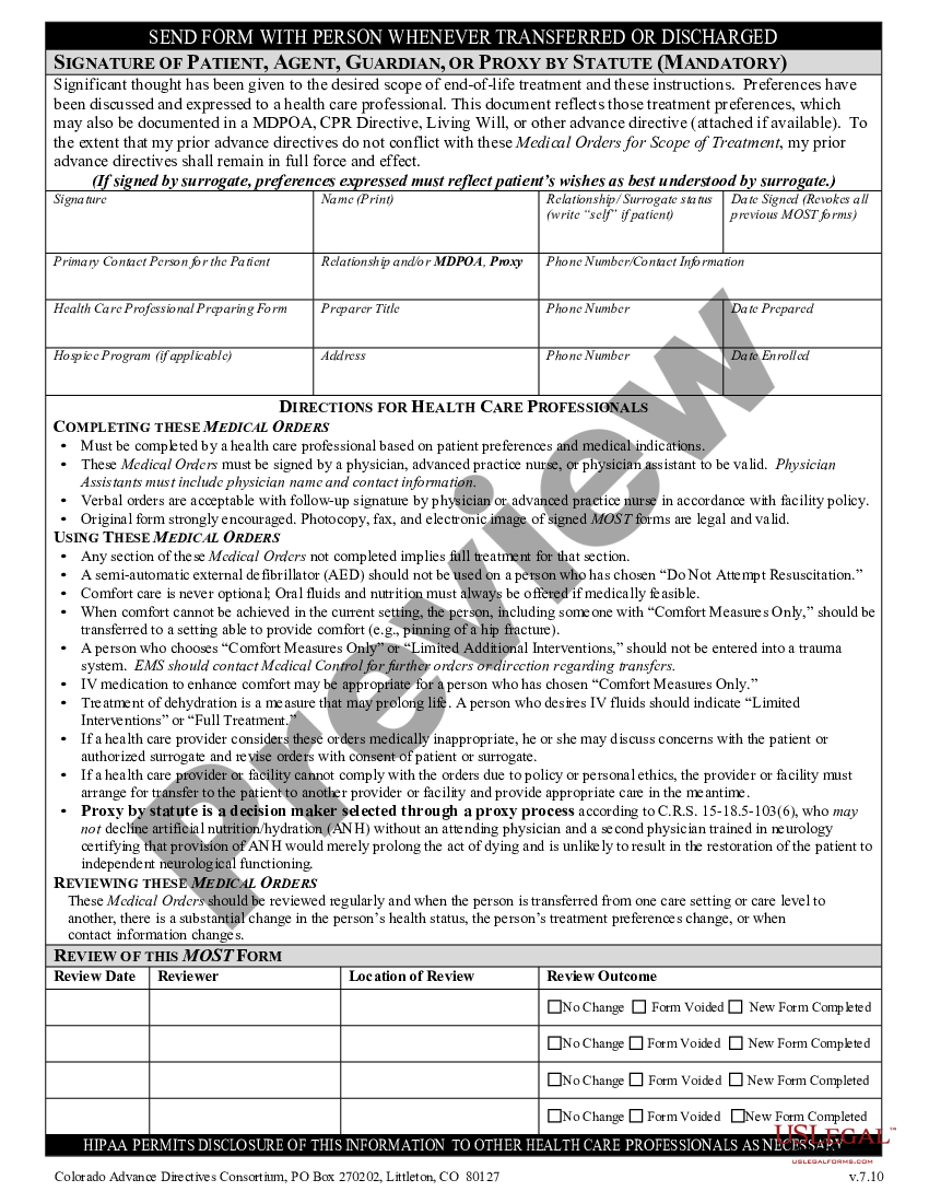 Colorado Medical Orders for Scope of Treatment (MOST) Colorado Most