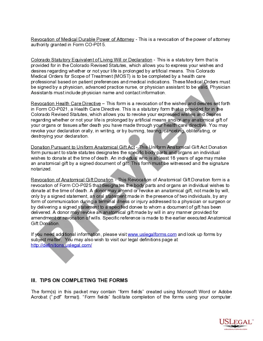 Preview Colorado Living Wills and Health Care Package