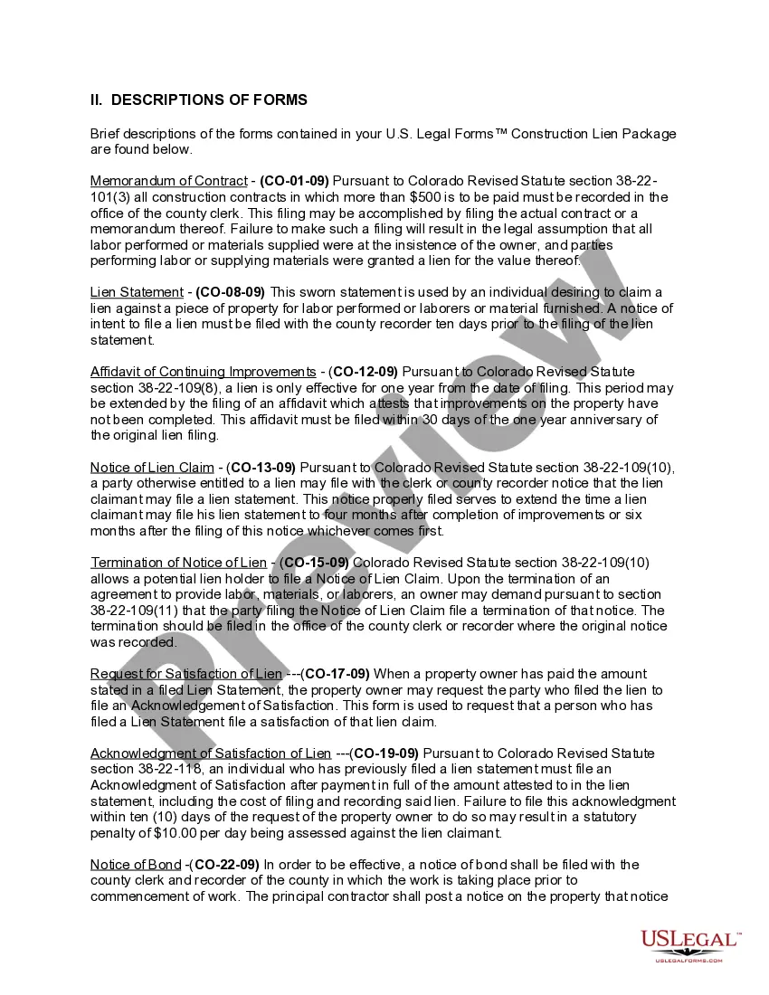 Preview Colorado Construction or Mechanics Lien Package - Individual