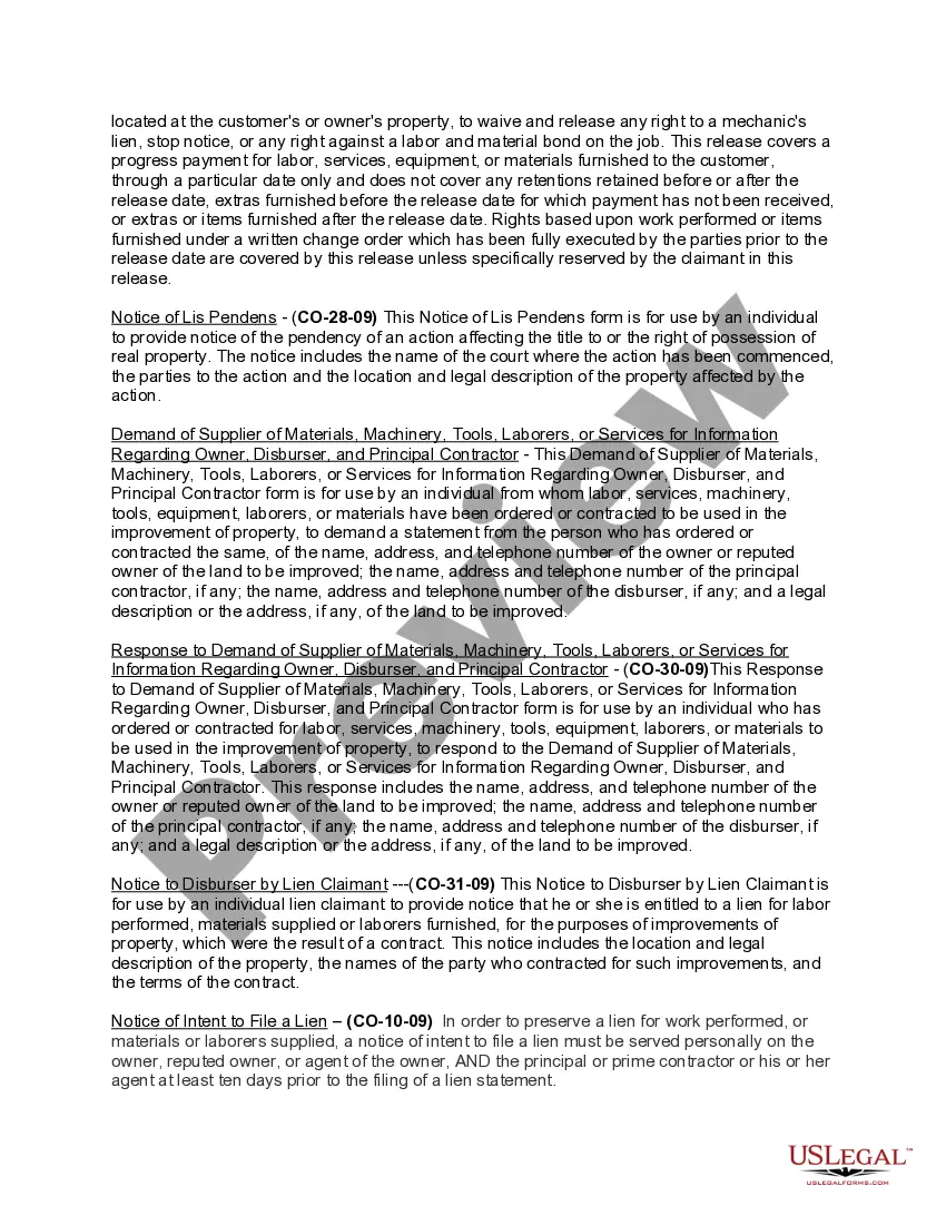 Preview Colorado Construction or Mechanics Lien Package - Individual