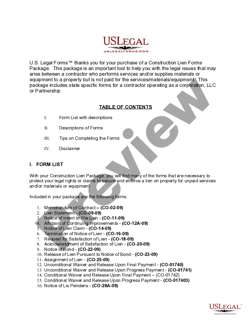 Preview Colorado Construction or Mechanics Lien Package - Corporation