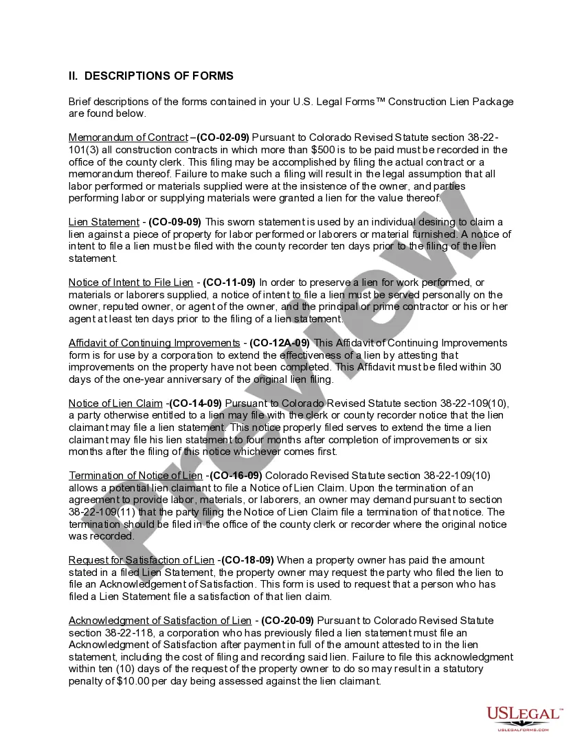 Preview Colorado Construction or Mechanics Lien Package - Corporation
