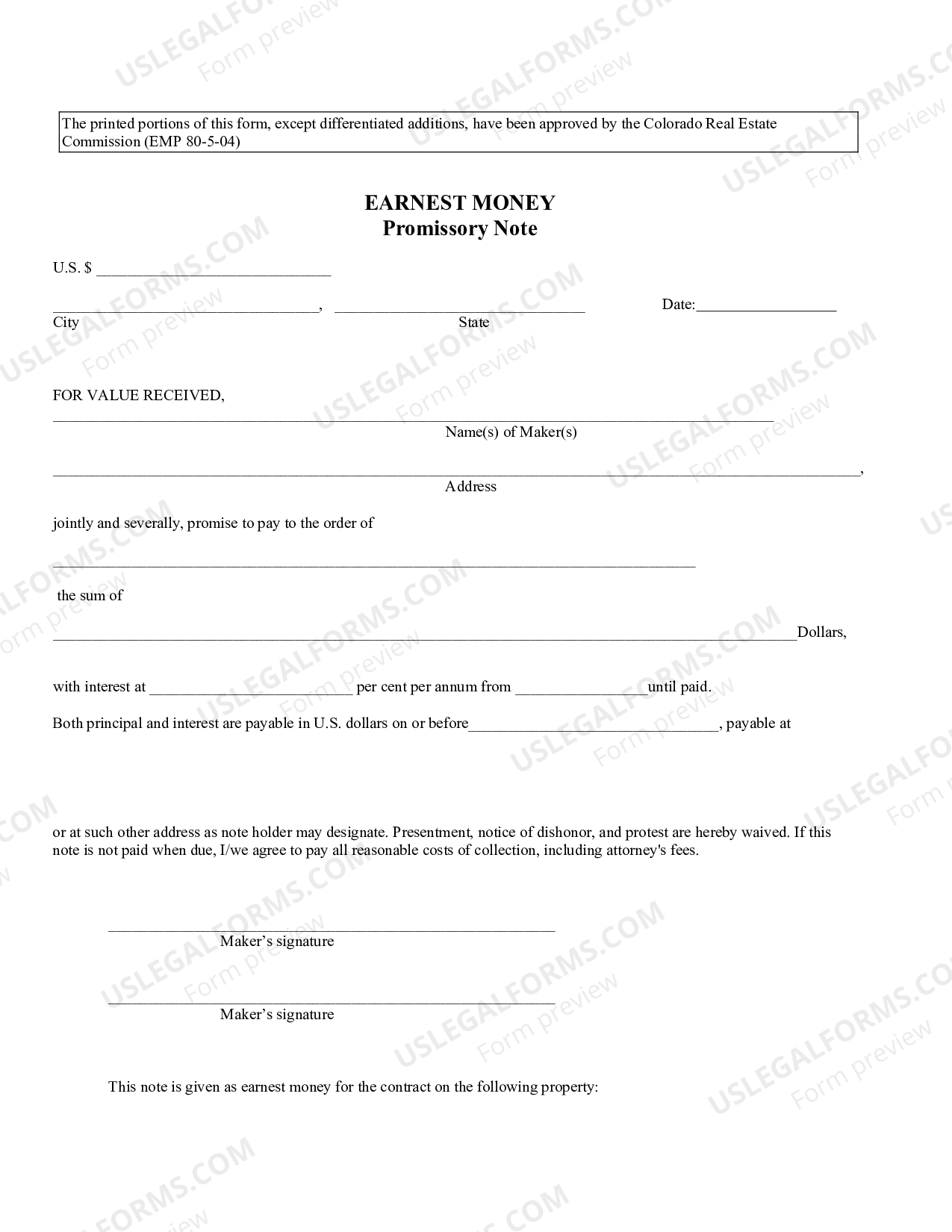 Colorado Earnest Money Promissory Note US Legal Forms