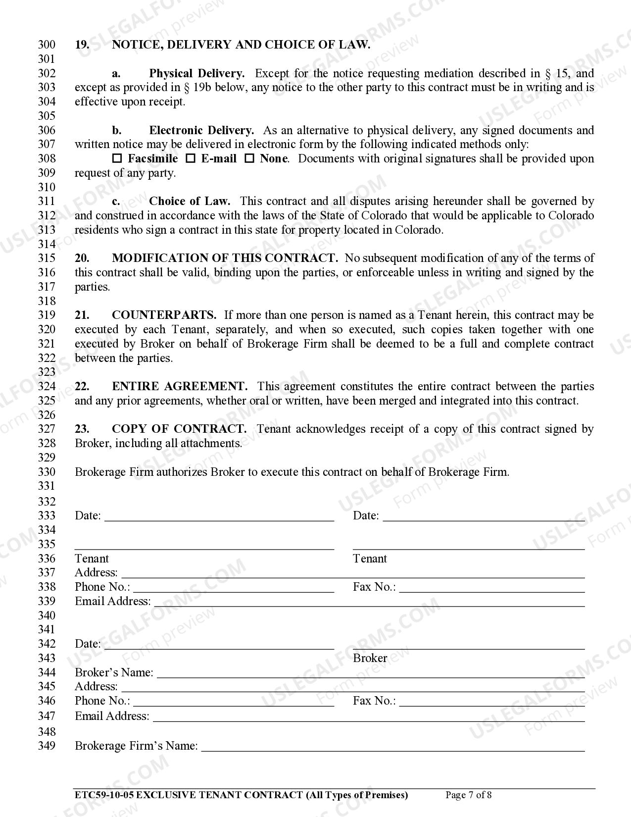 Colorado Exclusive Tenant Contract for All Types of Premises US Legal