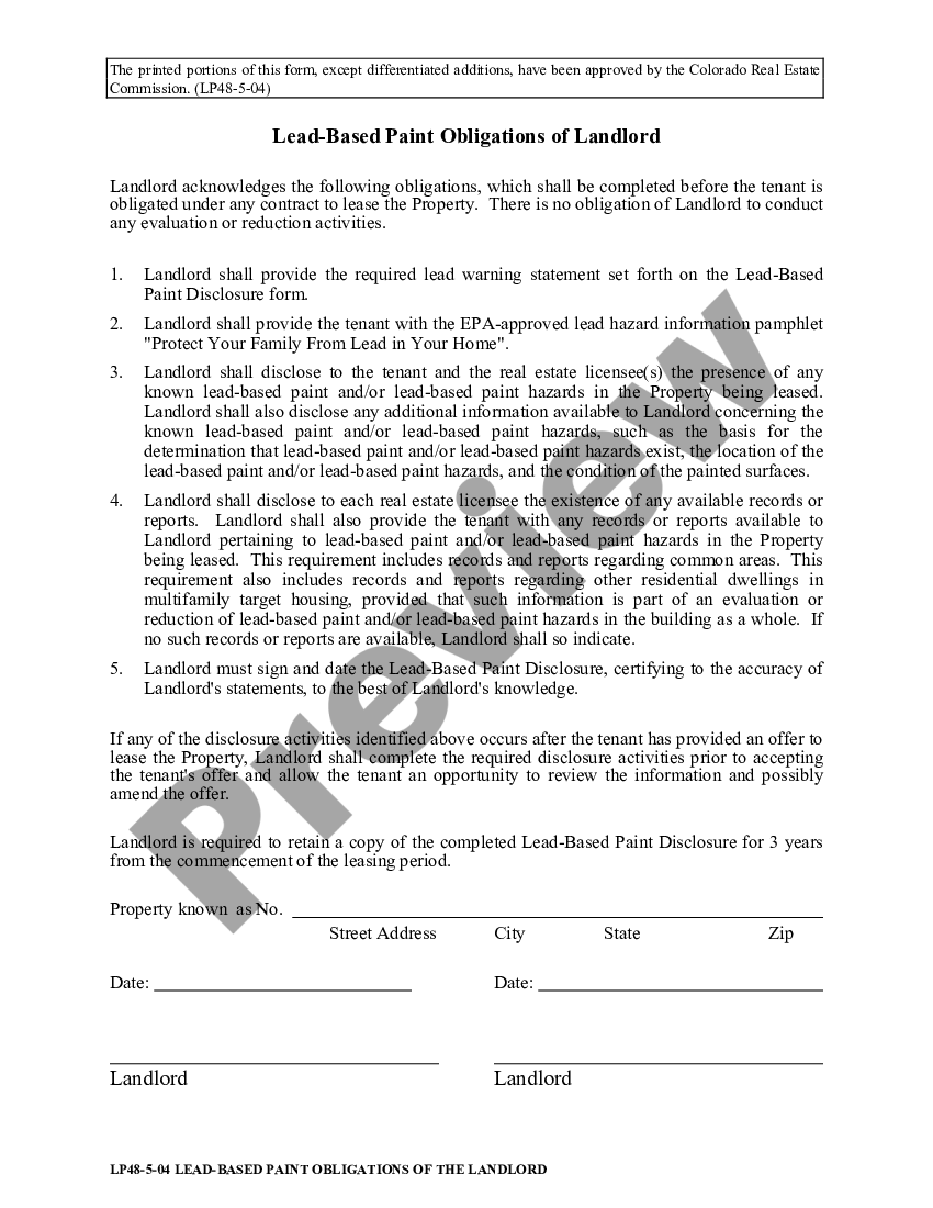 Colorado LeadBased Paint Obligations of Landlord US Legal Forms