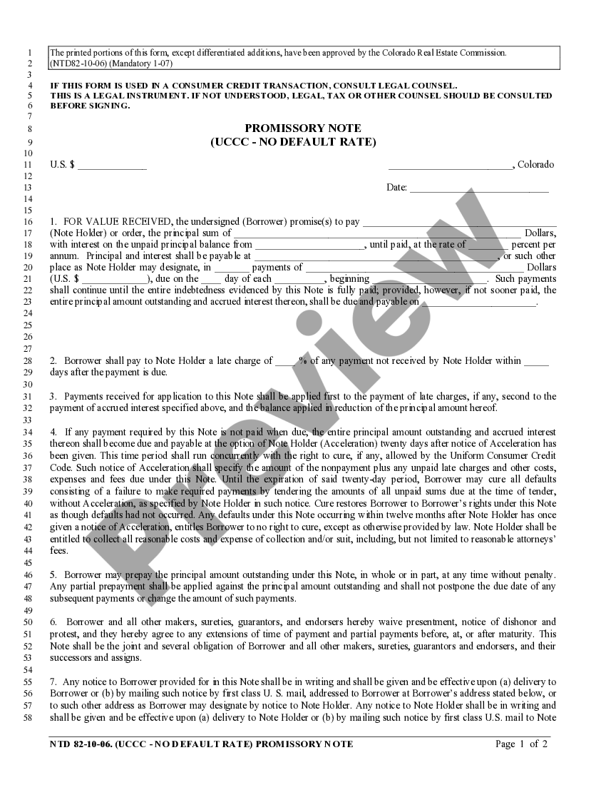 Colorado Promissory Note for Deed of Trust UCCC Release Of