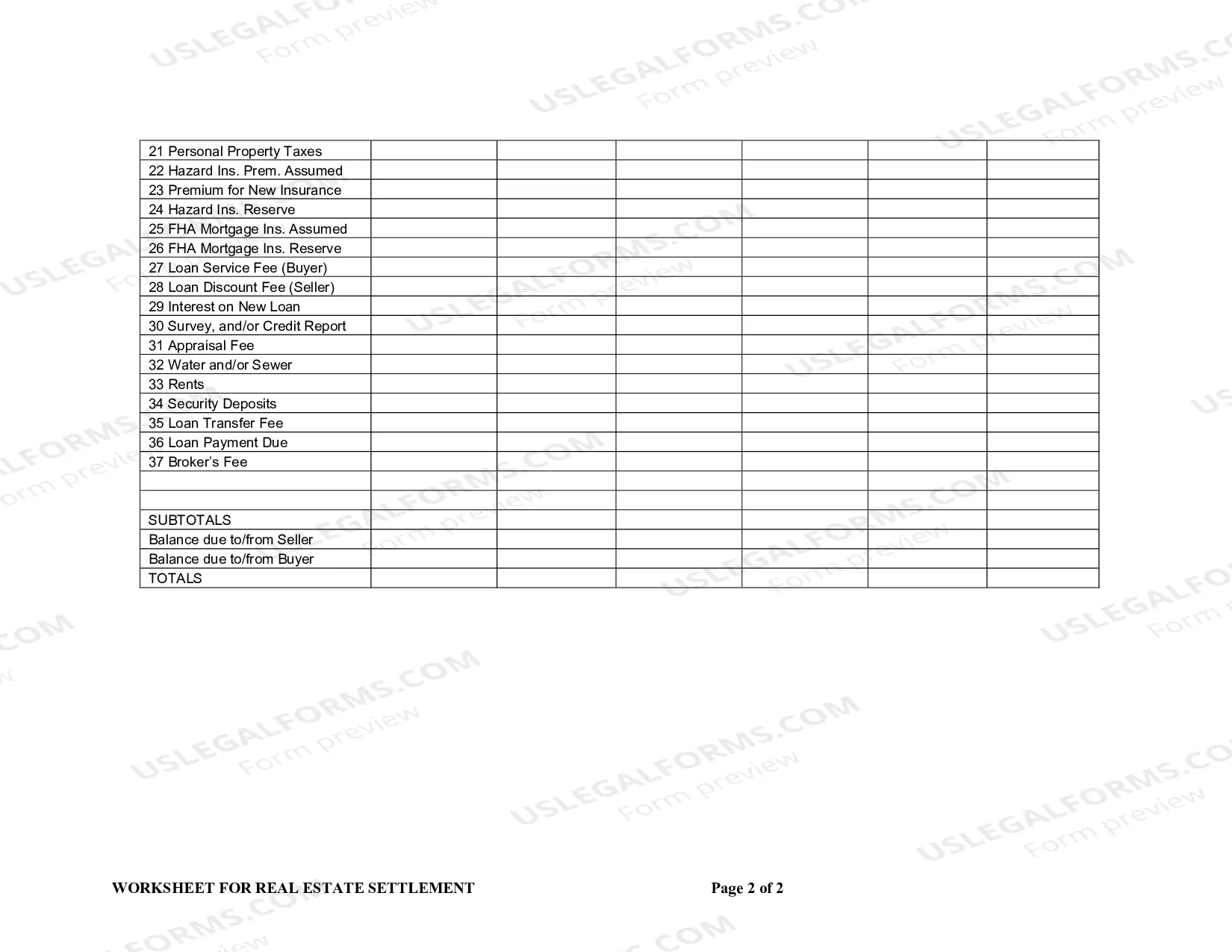 Preview Worksheet for Real Estate Settlement