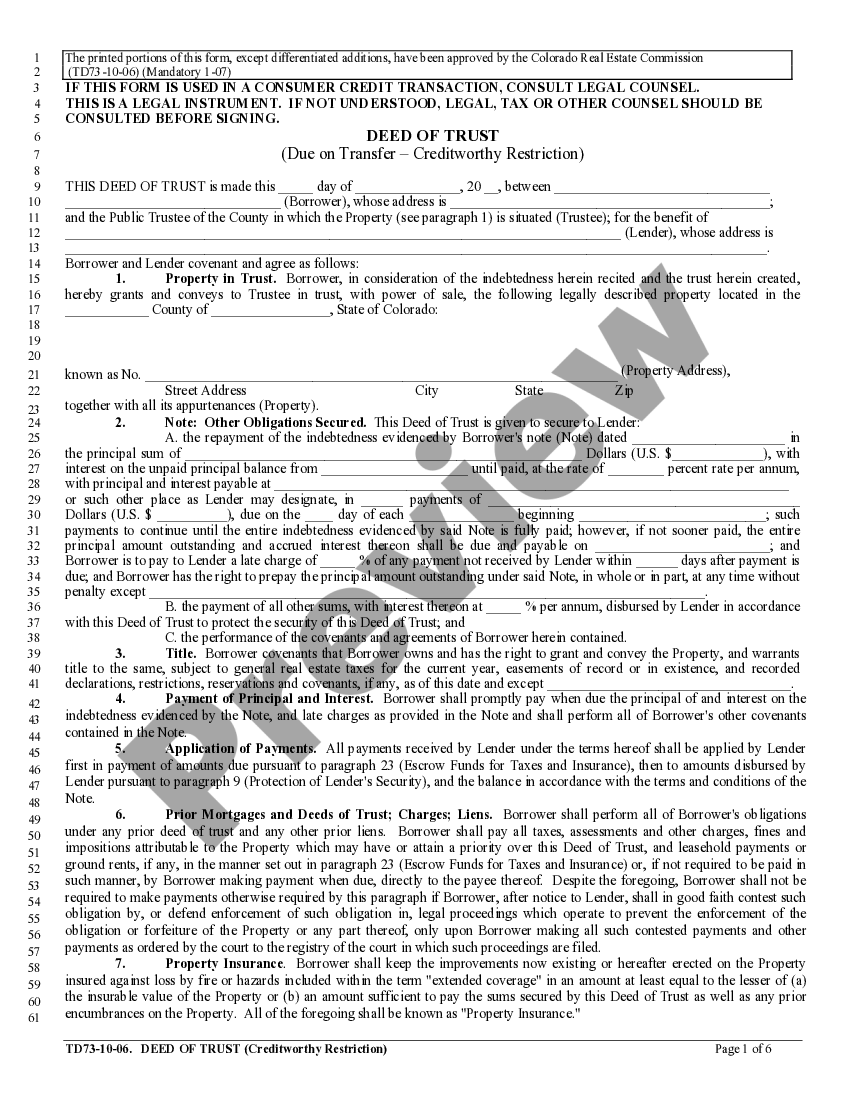 Colorado Deed of Trust - Due on Transfer - Co Deed Trust | US Legal Forms