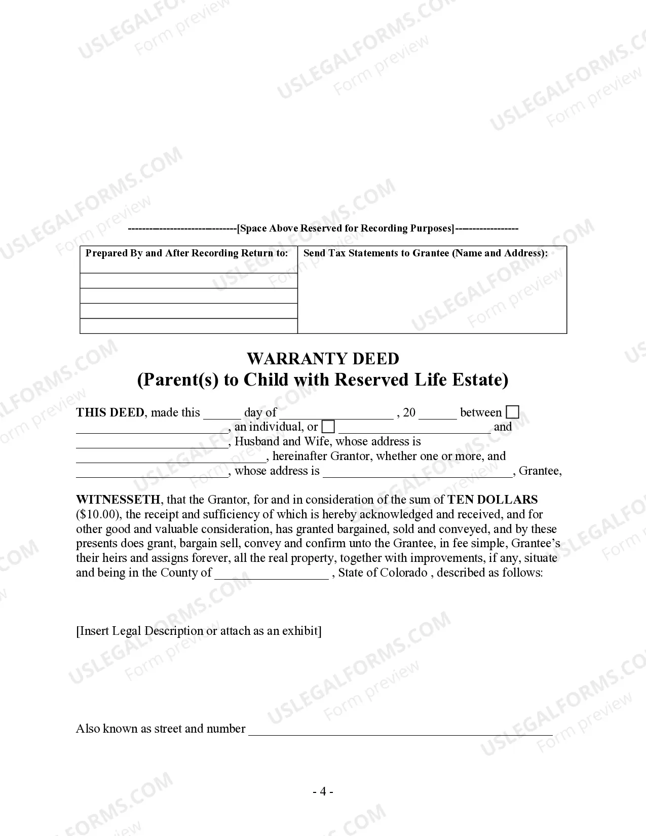 Preview Warranty Deed for Parents to Child with a Reservation of a Life Estate by the Parents