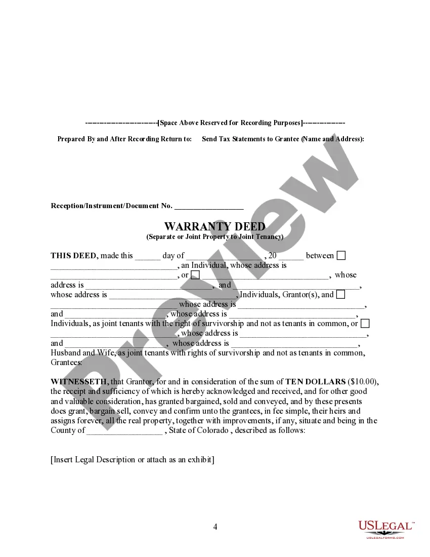 Get Warranty Deed for Separate or Joint Property to Joint Tenancy Preview Warranty Deed for Separate or Joint Property to Joint Tenancy