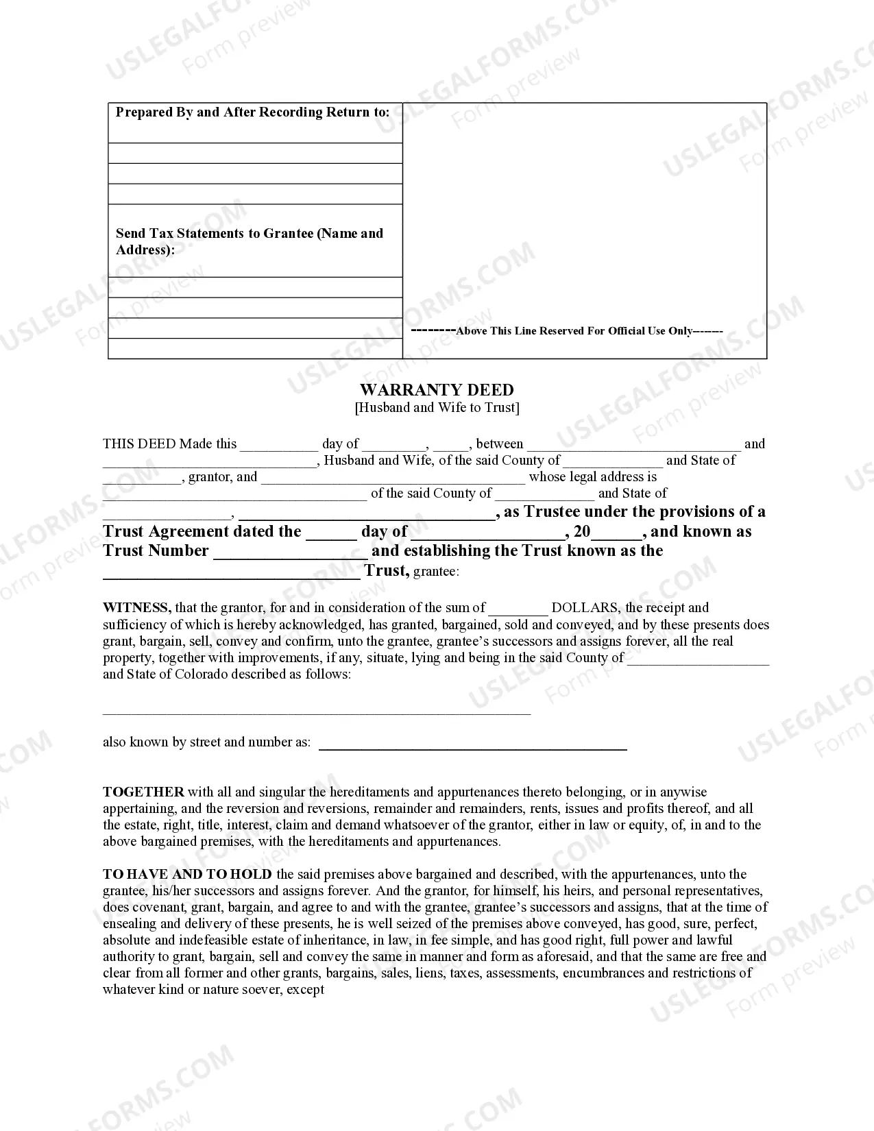 Preview Warranty Deed for Husband and Wife to Trust
