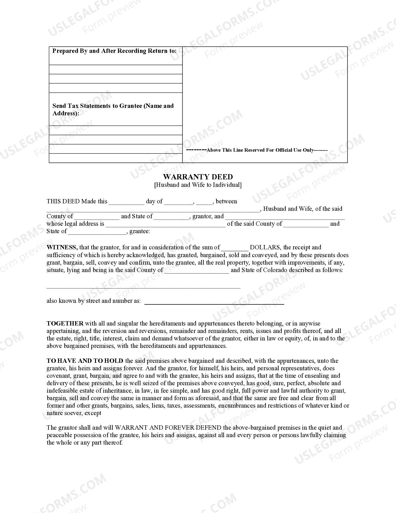 Preview Warranty Deed for Husband and Wife to Individual