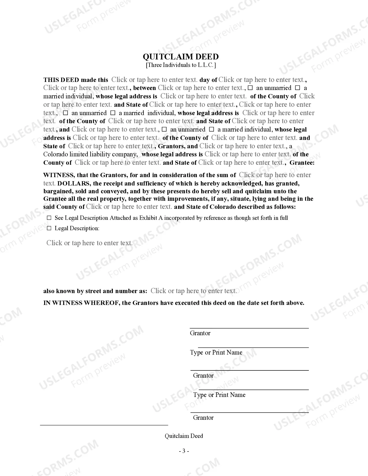 Preview Quitclaim Deed - Three Individuals to a limited liability company