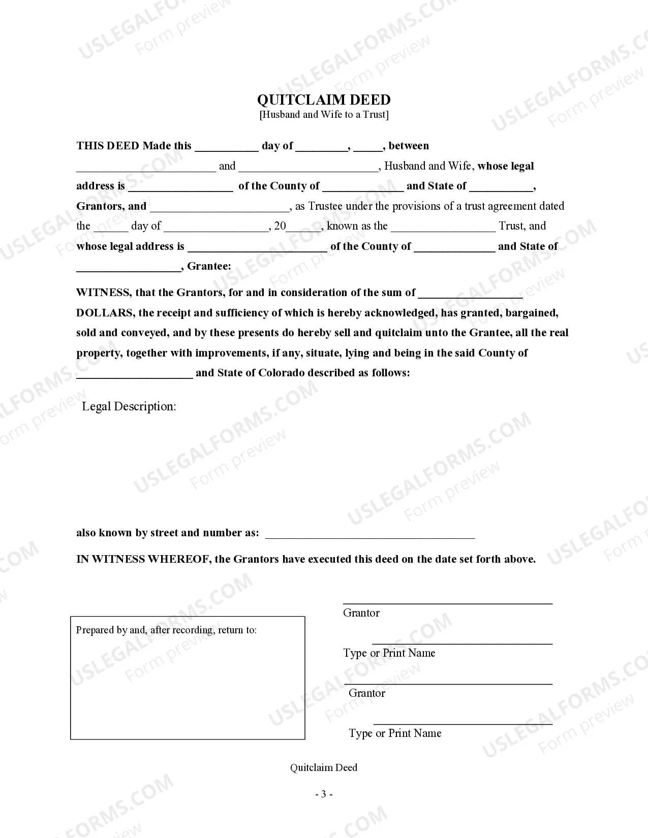 Preview Quitclaim Deed - Husband and Wife to a Trust