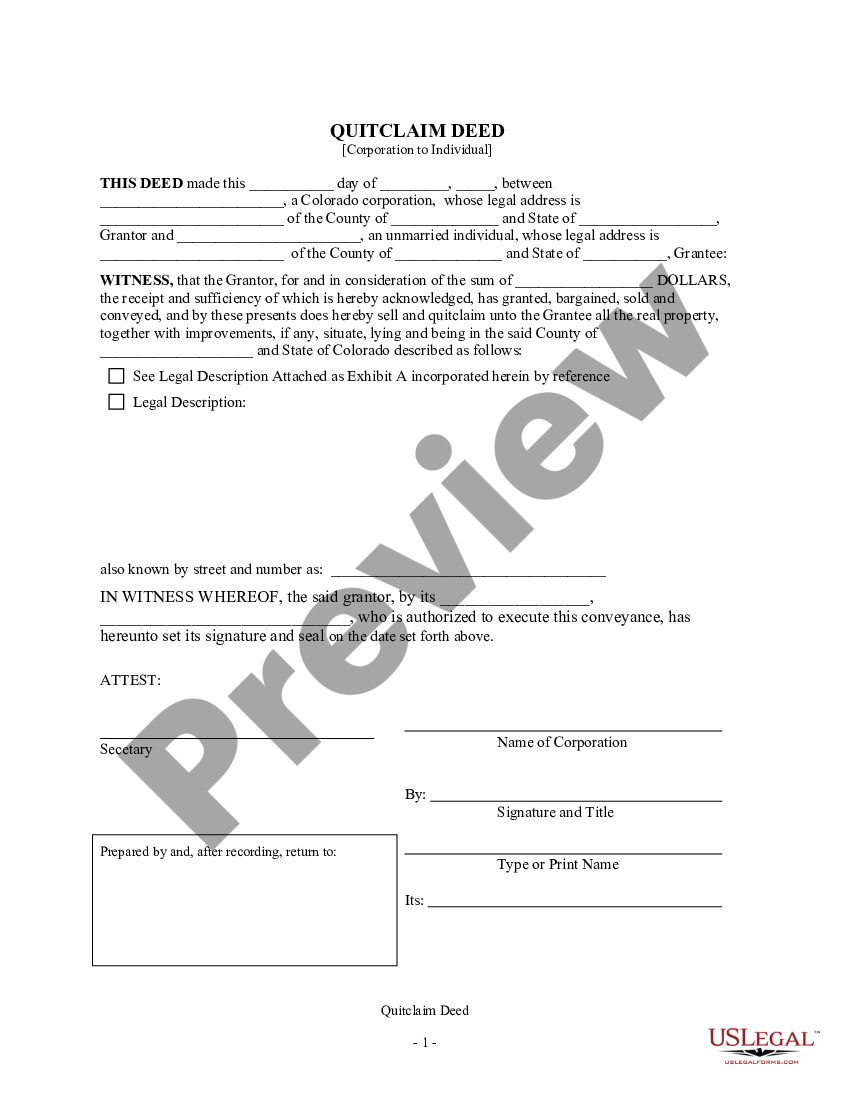 Colorado Quitclaim Deed From Corporation To Individual Us Legal Forms 0410