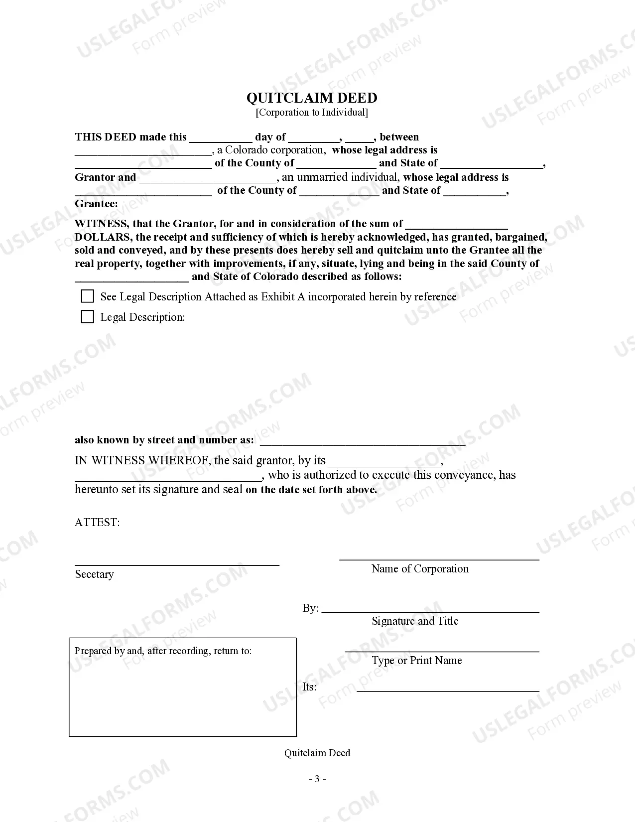 Preview Quitclaim Deed from Corporation to Individual