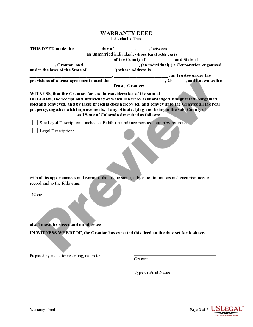 Colorado Warranty Deed Individual to a Trust Warranty Deed Colorado