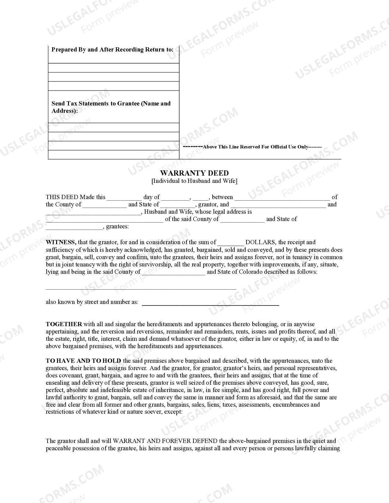 Preview Warranty Deed from Individual to Husband and Wife as Joint Tenants with the Right of Survivorship