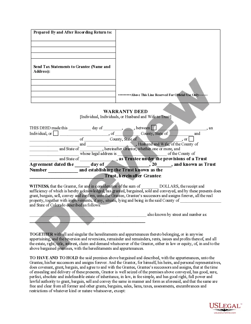 Preview Warranty Deed from Individual, Individuals, or Husband and Wife to Trust