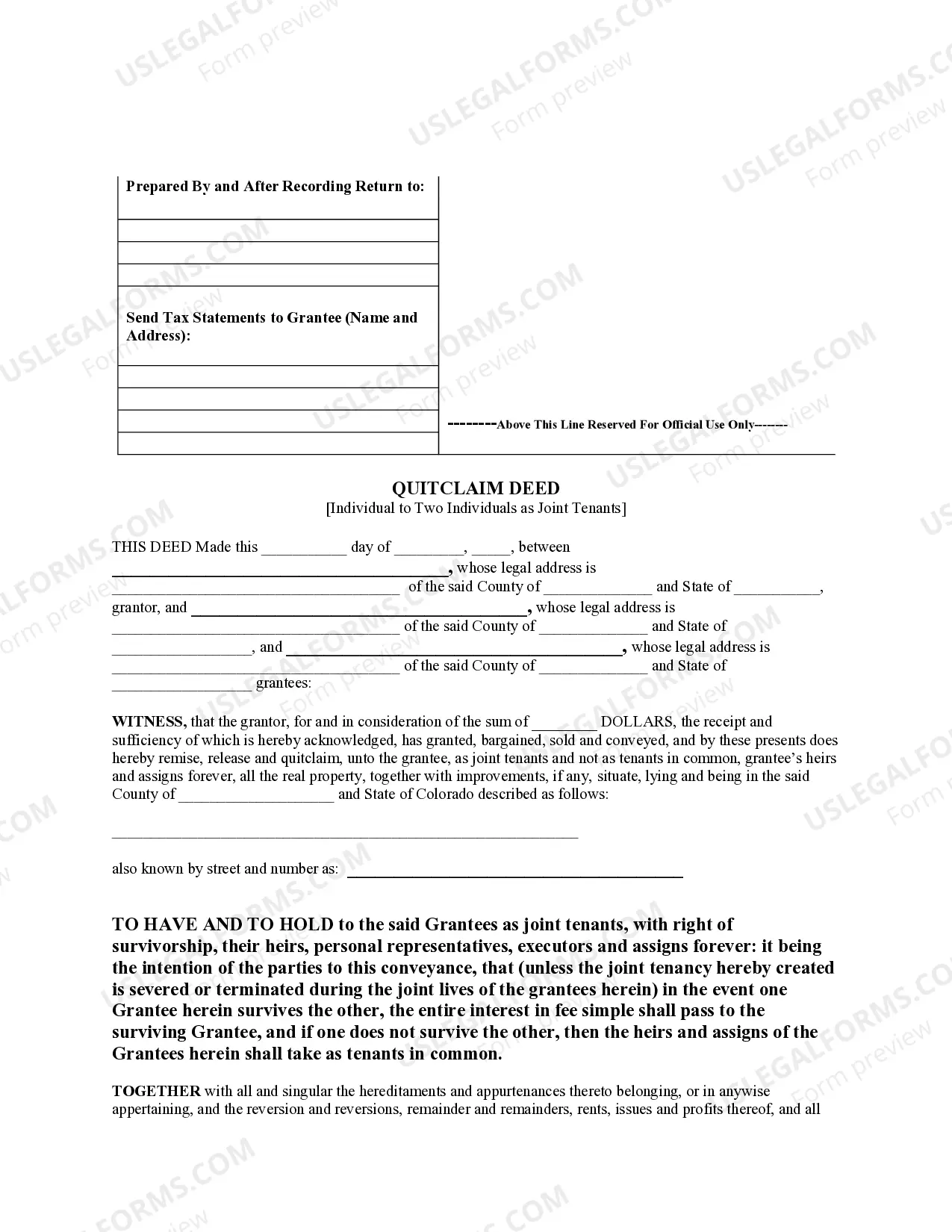 Preview Quitclaim Deed for Individual to Two Individuals as Joint Tenants