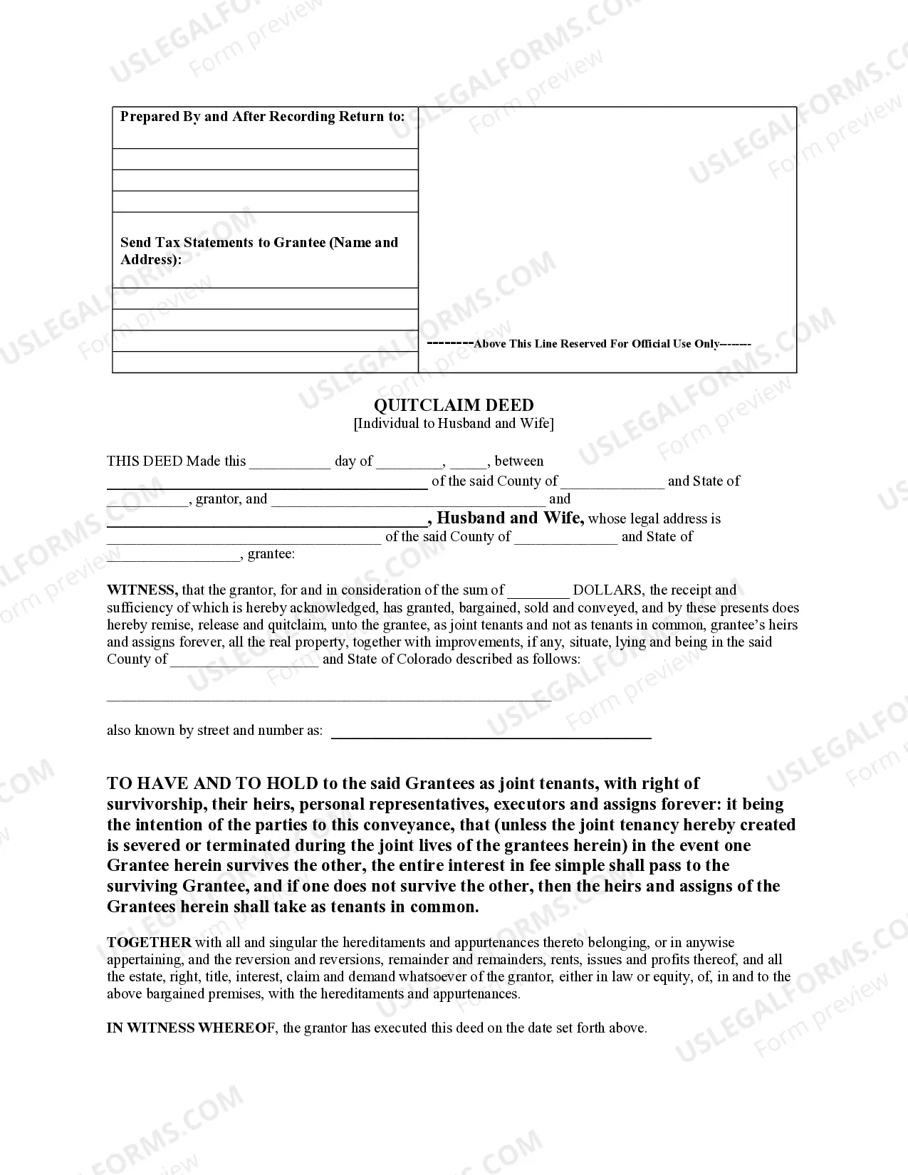 Preview Quitclaim Deed for Individual to Husband and Wife as Joint Tenants