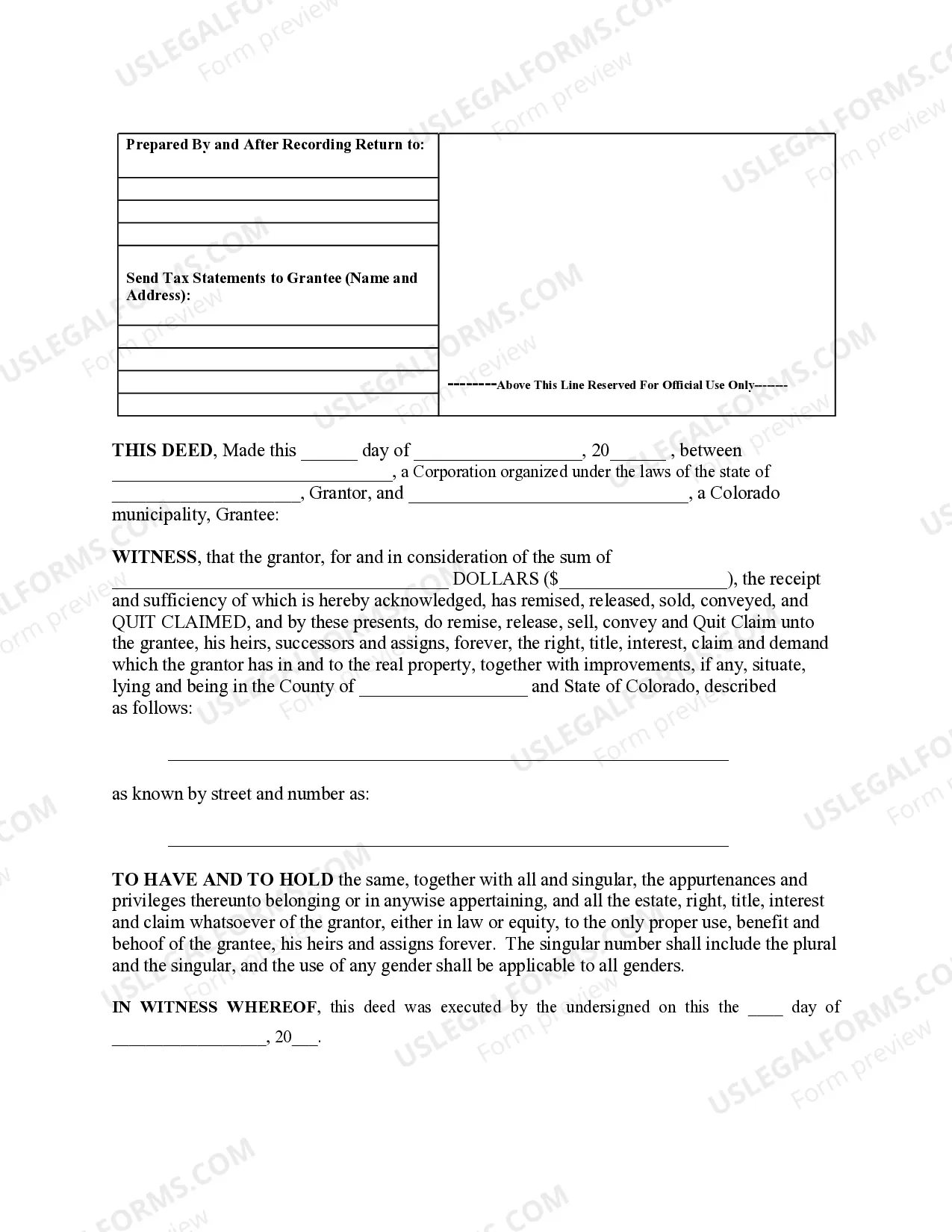 Preview Quitclaim Deed for Corporation to Municipality