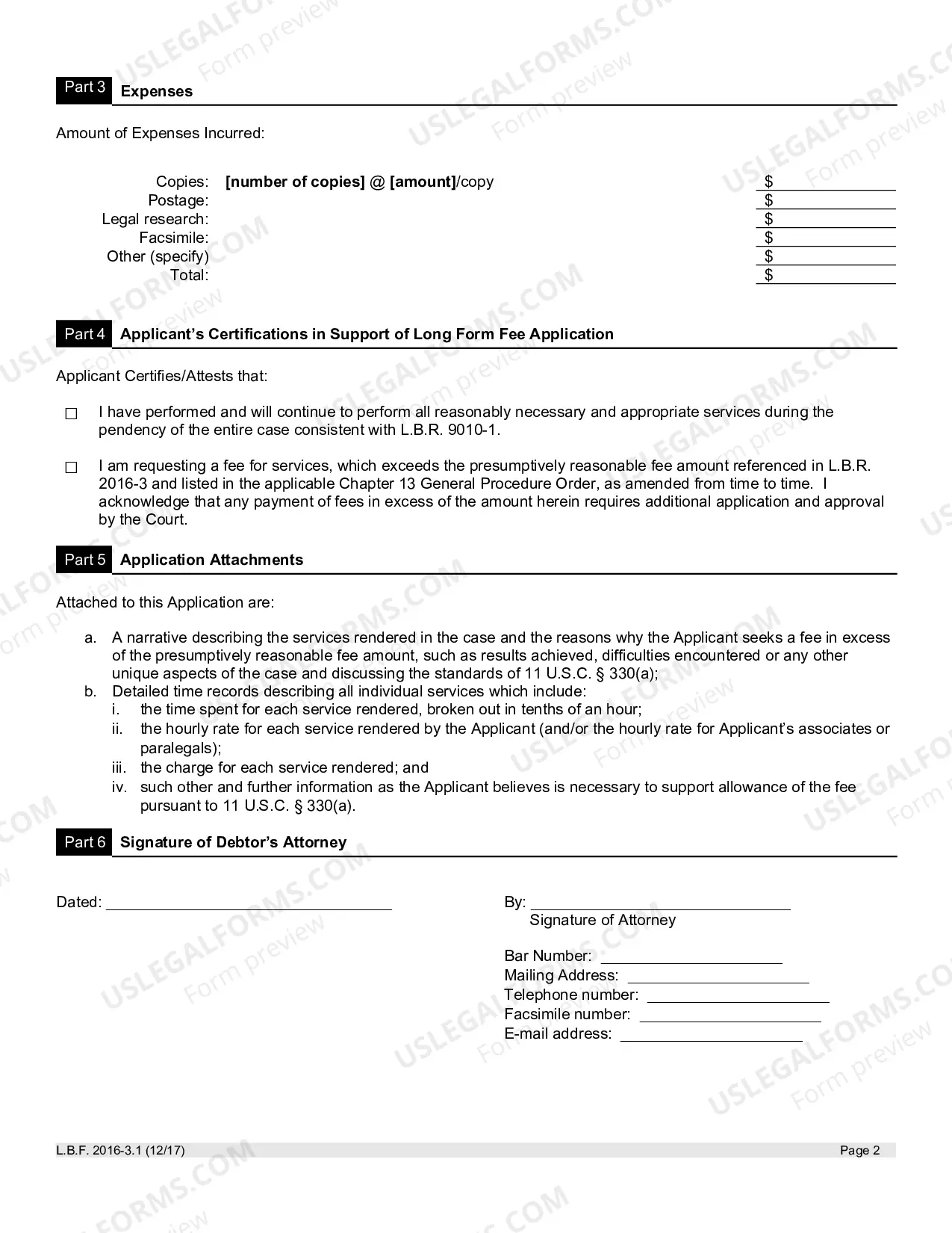Preview Chapter 13 Long Form Fee Application
