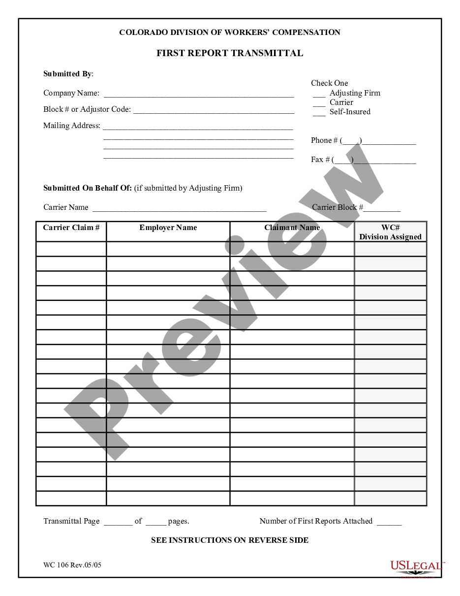 page 0 First Report Transmittal for Workers' Compensation preview