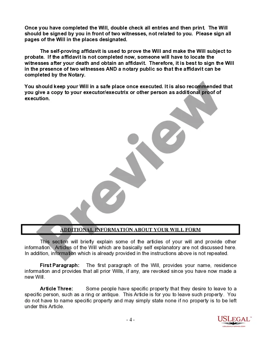 Preview Last Will and Testament for a Single Person with Minor Children