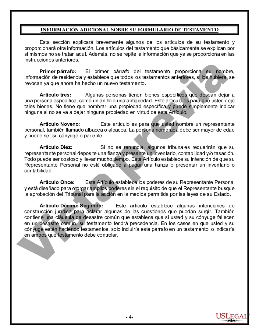 Preview Formulario Legal de Última Voluntad y Testamento para Persona Soltera con Hijos Adultos y Menores