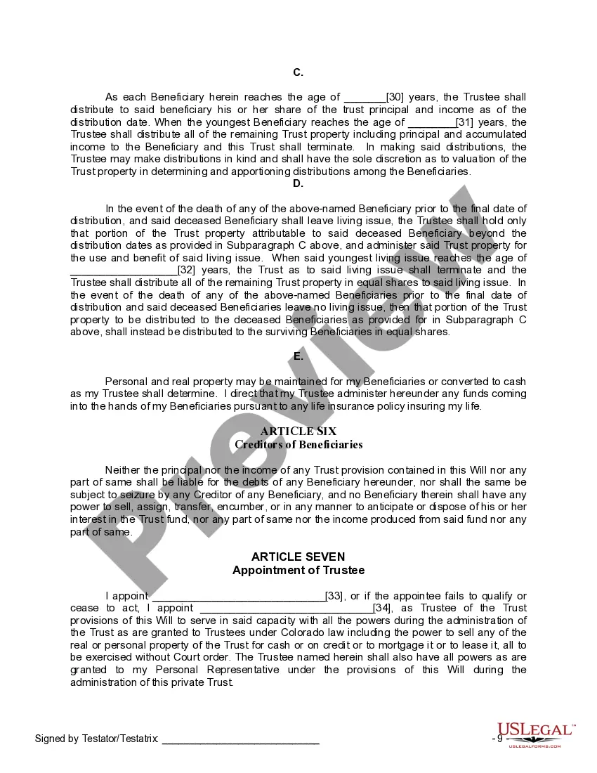 Preview Last Will and Testament for Single Person with Adult and Minor Children