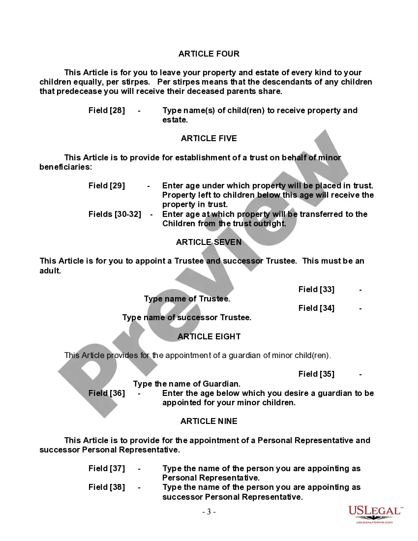 Preview Last Will and Testament for Single Person with Adult and Minor Children