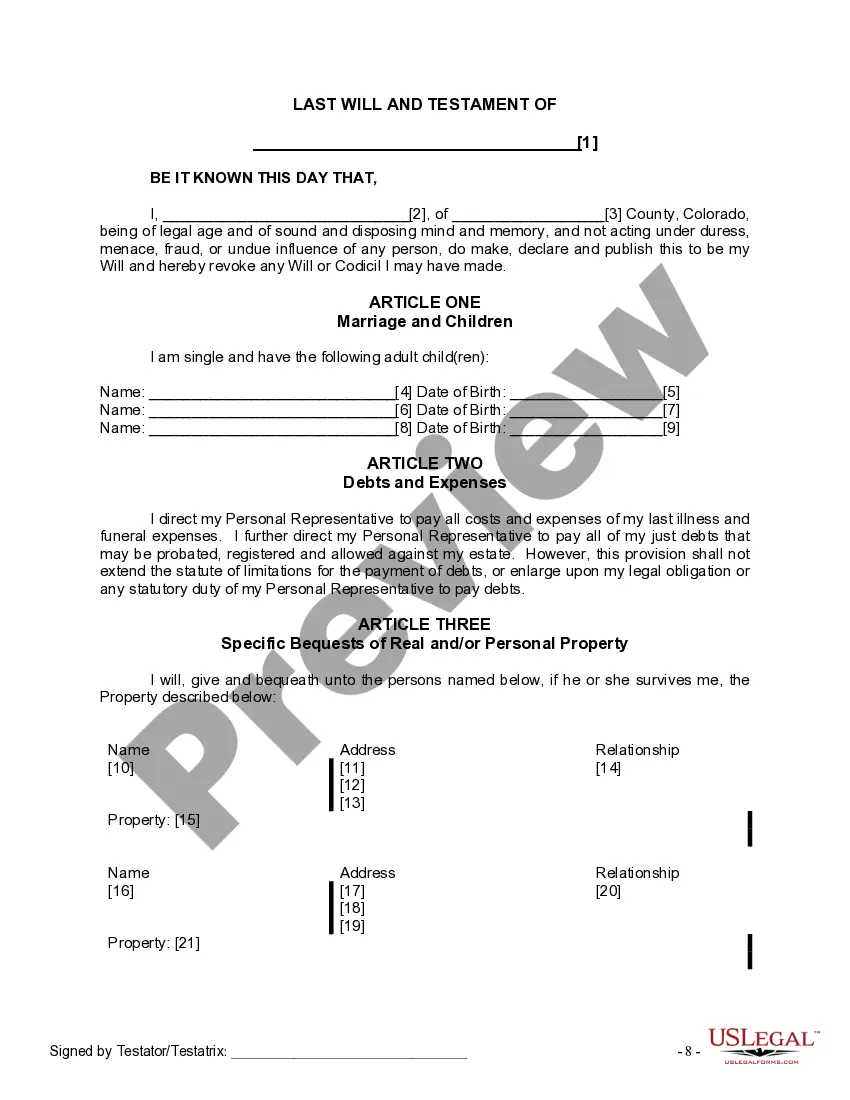 Preview Last Will and Testament for Single Person with Adult Children