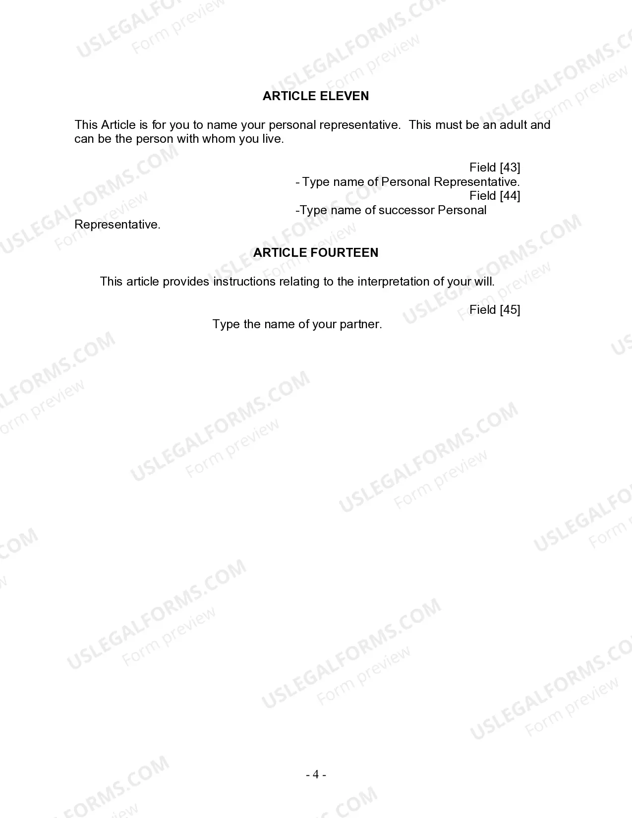 Preview Last Will and Testament for Civil Union Partner with Minor Children from Prior Marriage