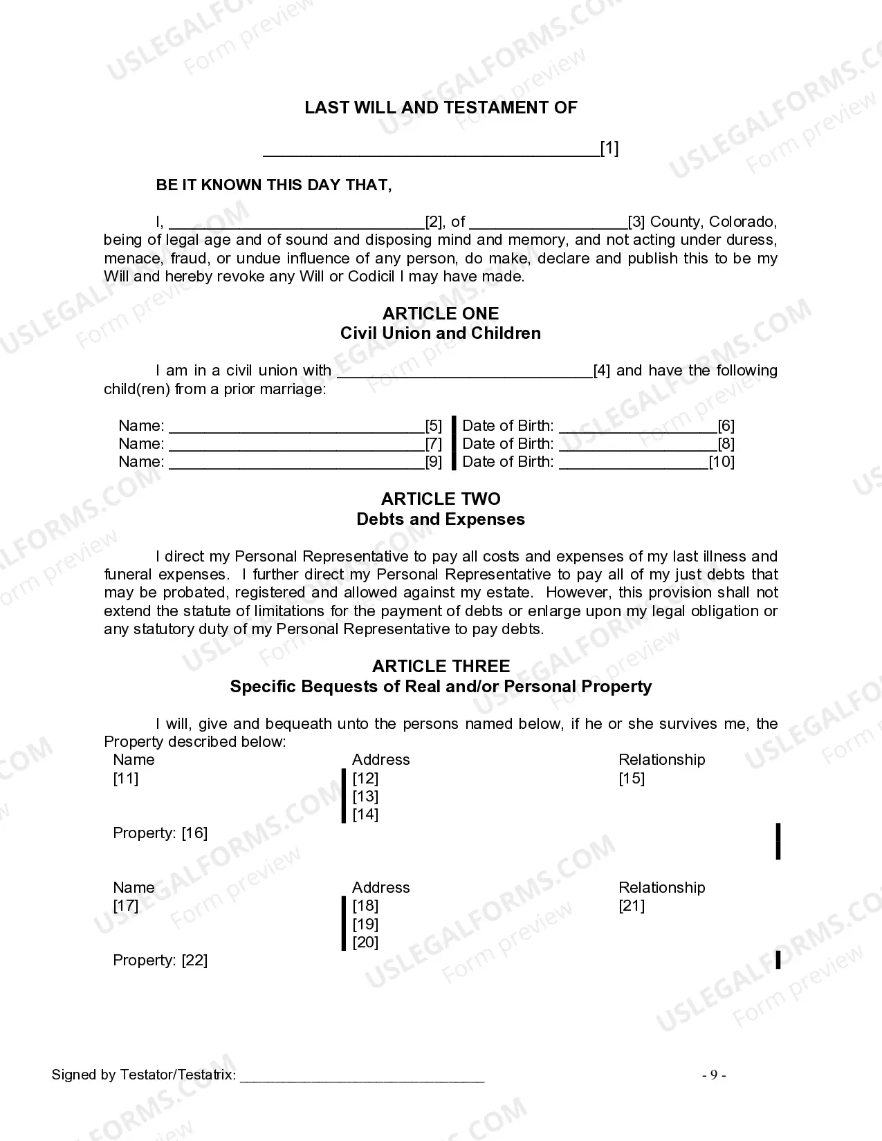Preview Last Will and Testament for Civil Union Partner with Minor Children from Prior Marriage