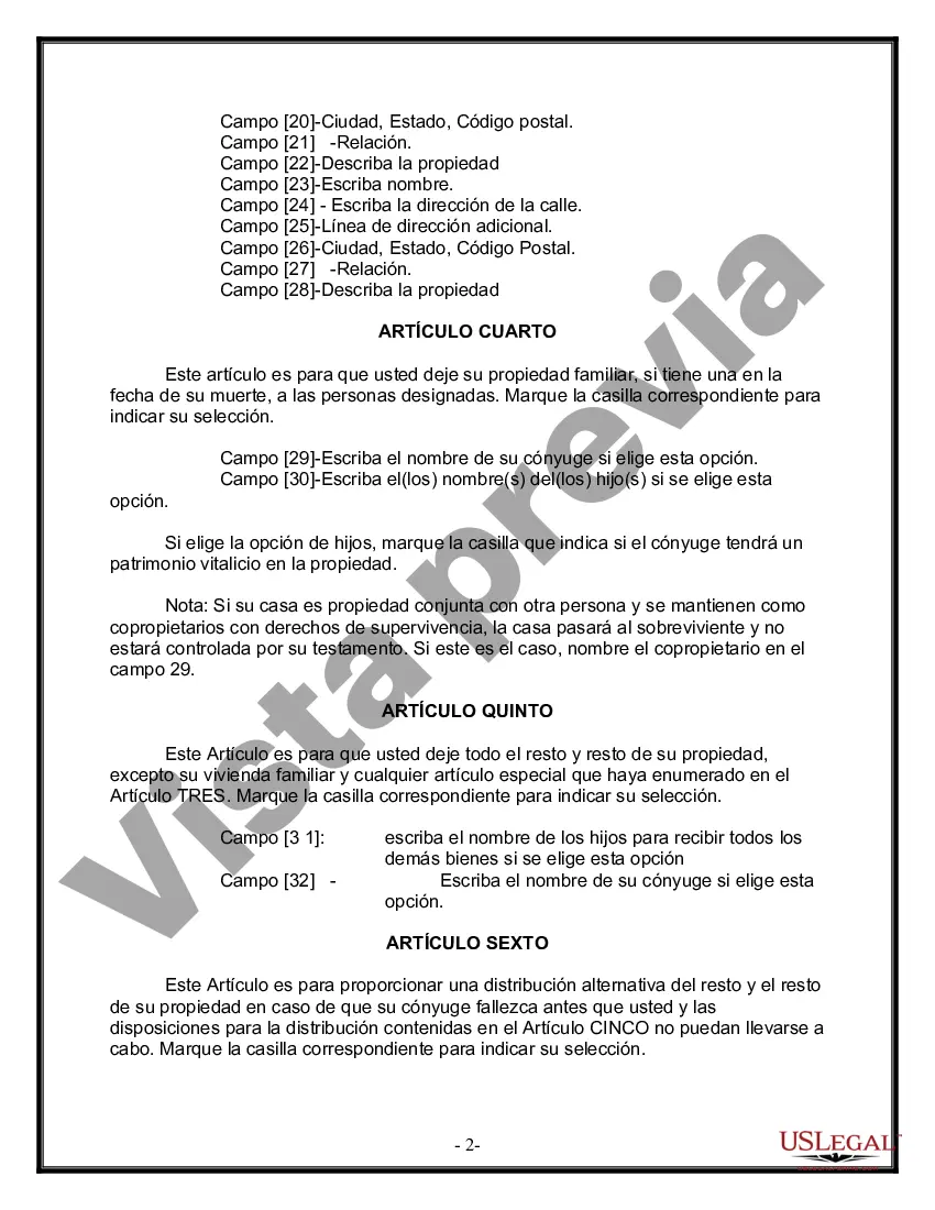 Preview Última voluntad y testamento legal para persona casada con hijos menores de edad de un matrimonio anterior