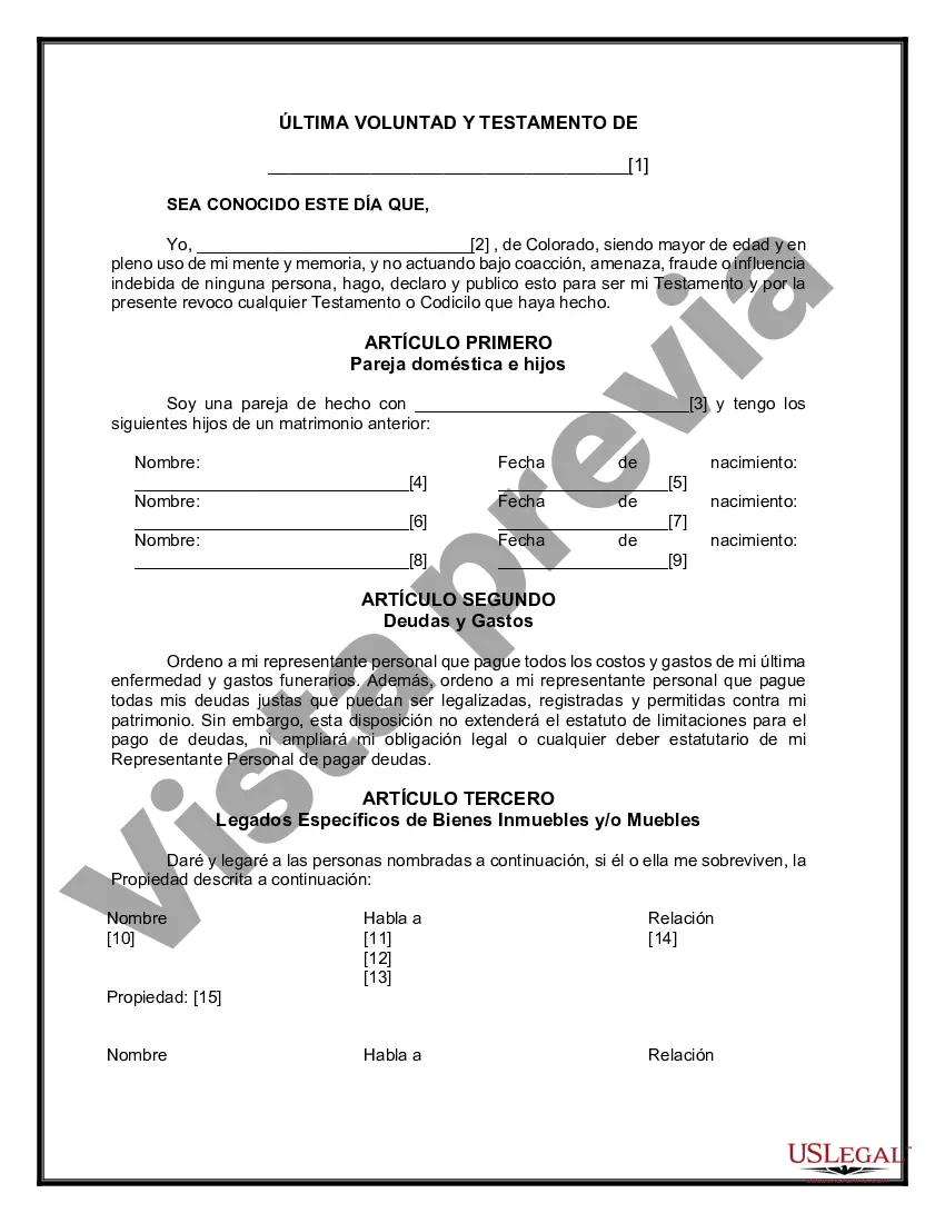 Preview Última voluntad y testamento legal para pareja de hecho con hijos menores de edad de un matrimonio anterior