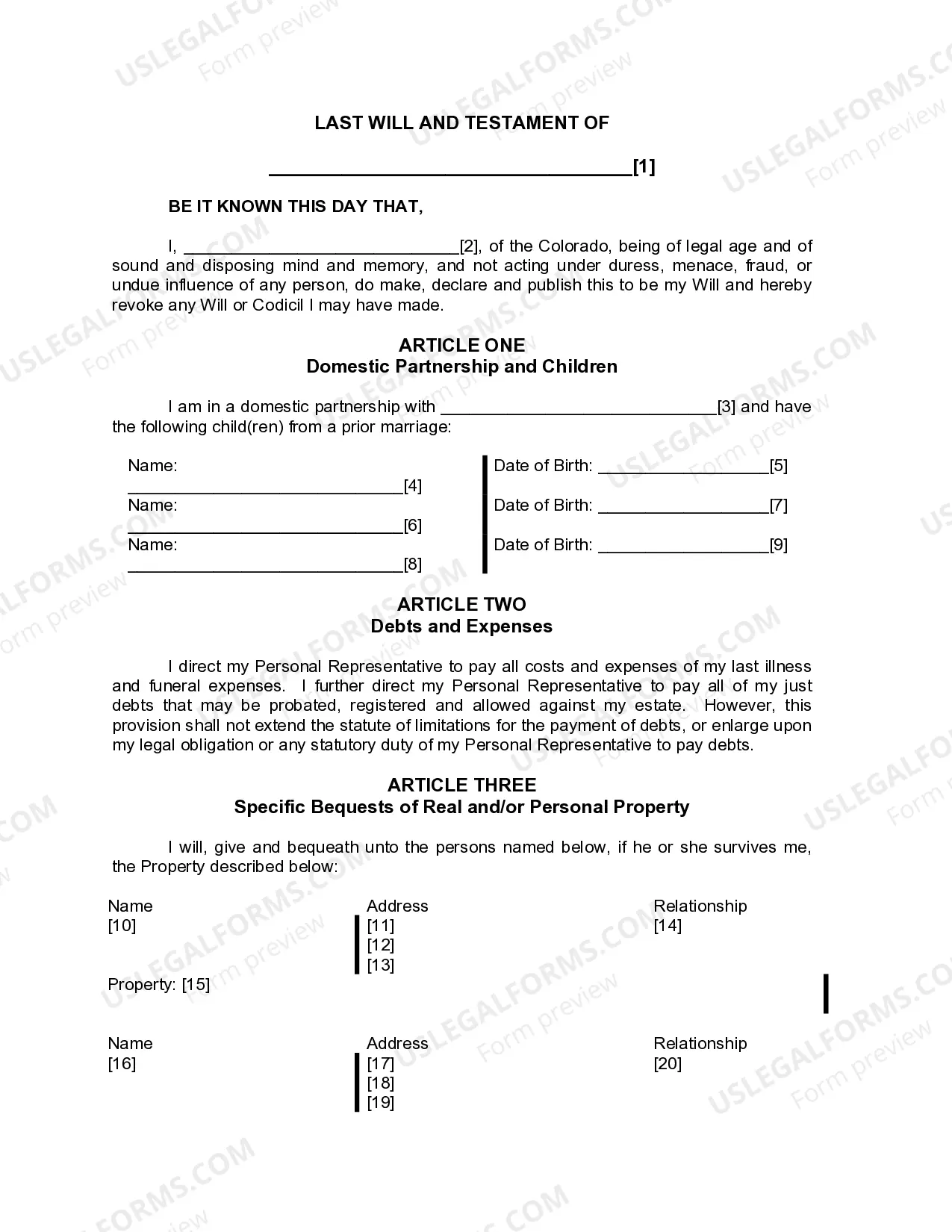Preview Last Will and Testament for Domestic Partner with Minor Children from Prior Marriage