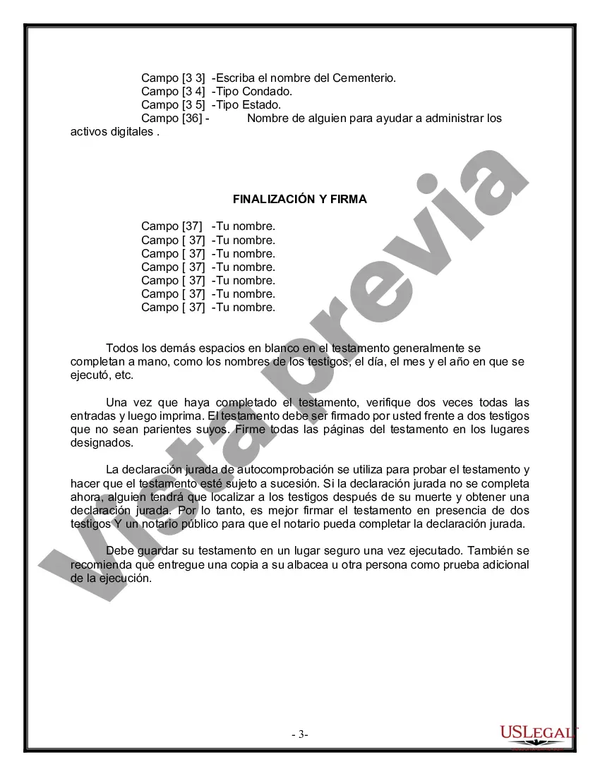 Preview Formulario de última voluntad y testamento legal para personas divorciadas que no se han vuelto a casar con hijos adultos