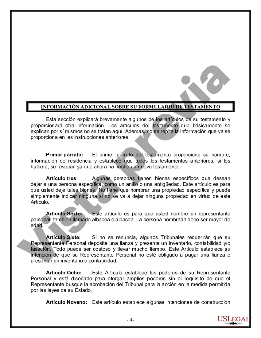 Preview Formulario de última voluntad y testamento legal para personas divorciadas que no se han vuelto a casar con hijos adultos