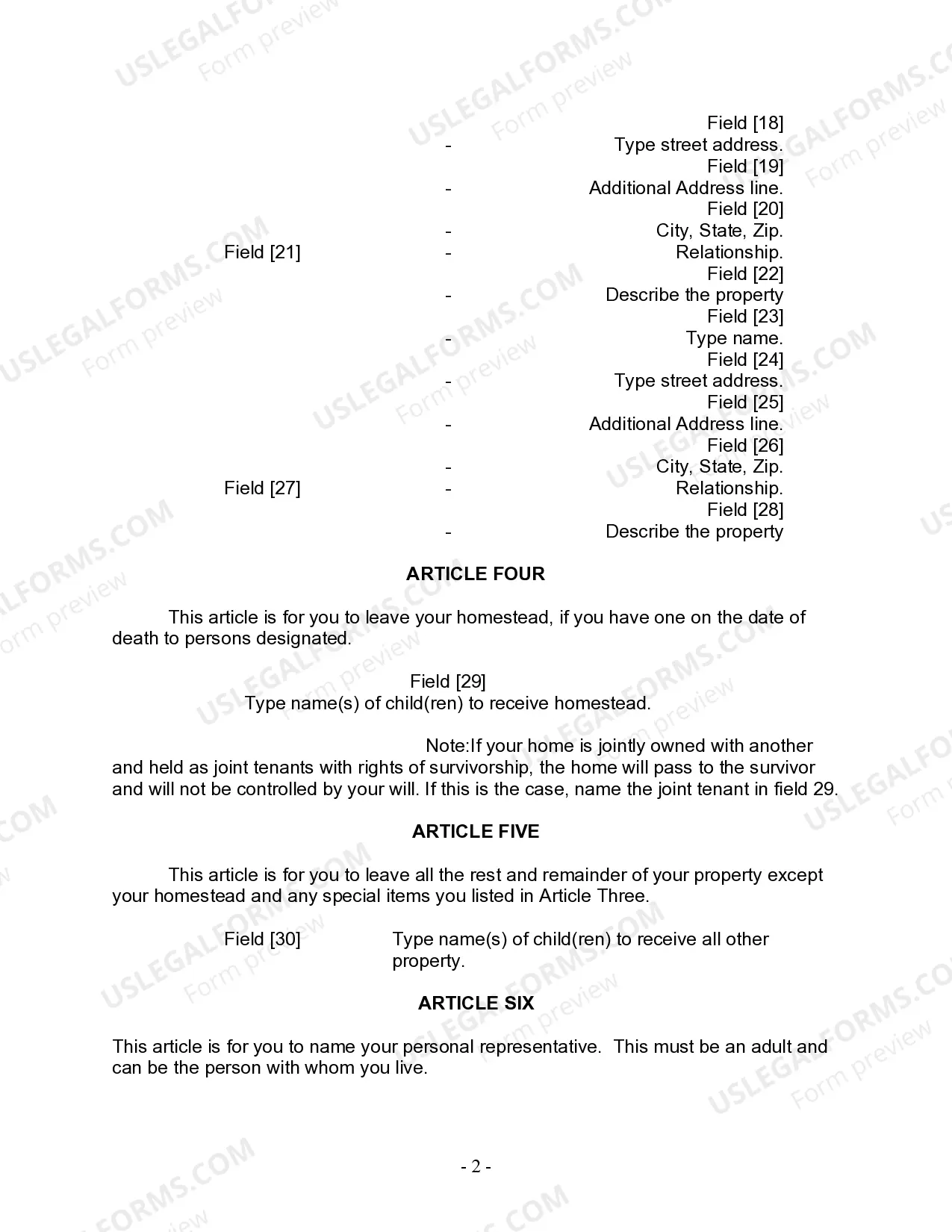 Preview Last Will and Testament for Divorced person not Remarried with Adult Children