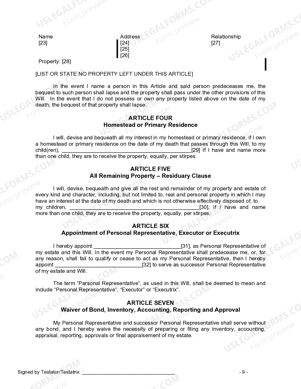 Preview Last Will and Testament for Divorced person not Remarried with Adult Children