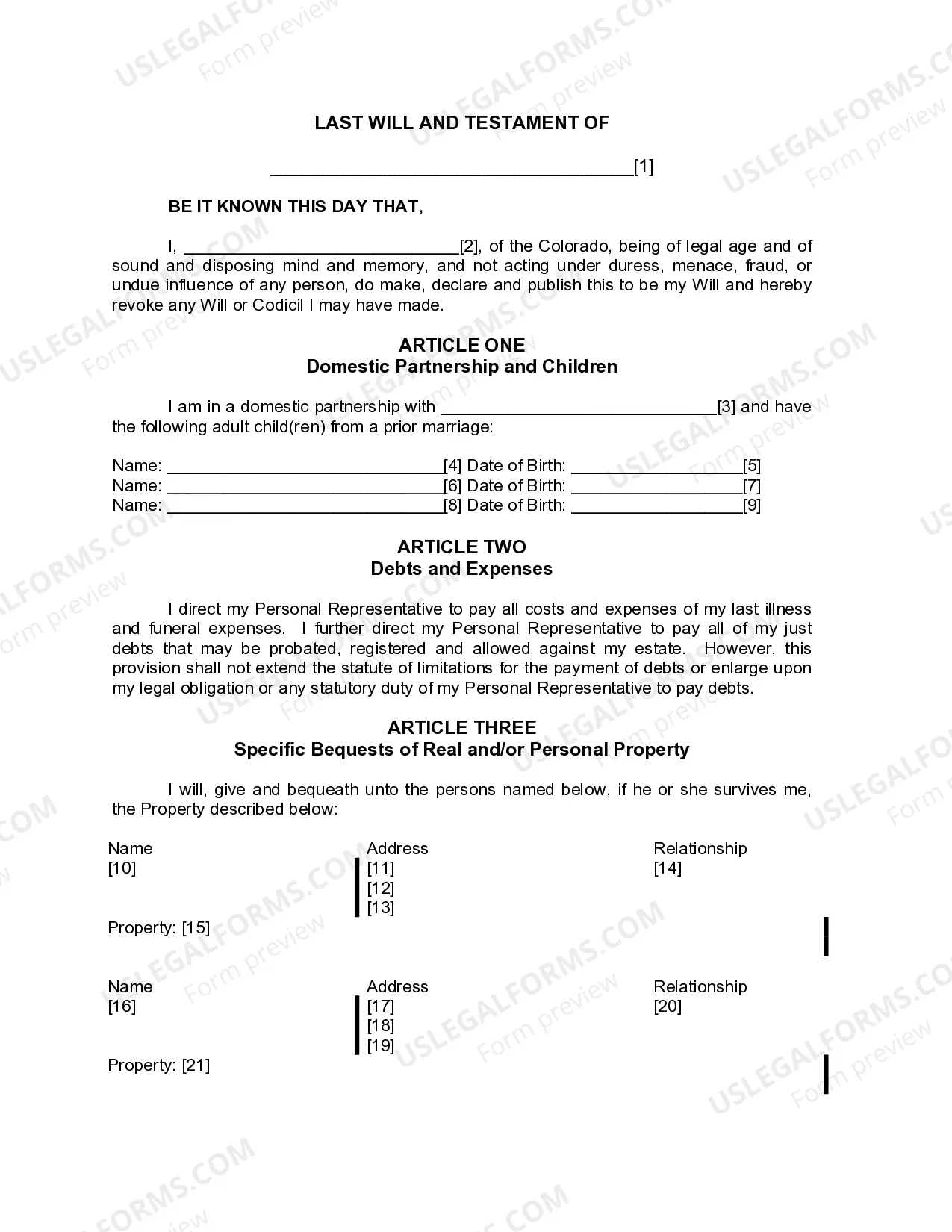 Preview Last Will and Testament for Domestic Partner with Adult Children from Prior Marriage