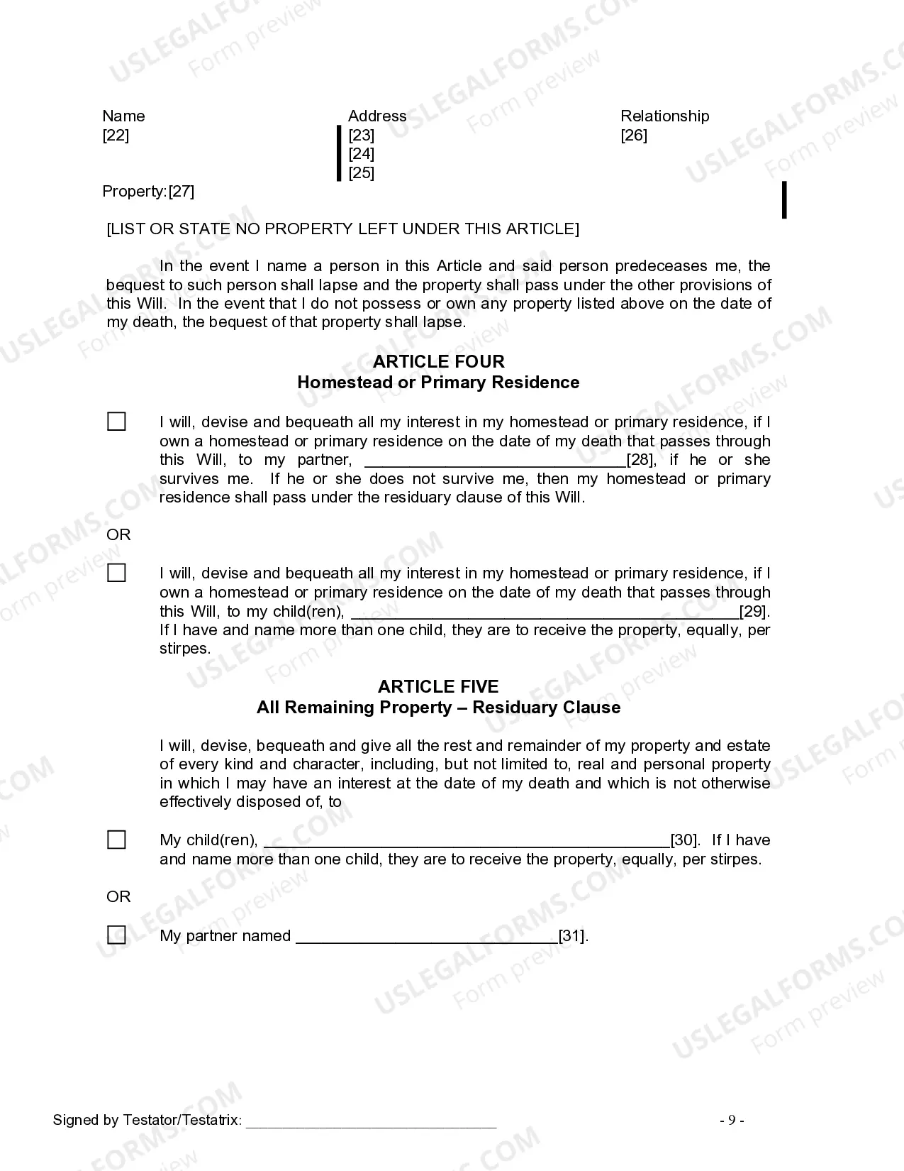 Preview Last Will and Testament for Domestic Partner with Adult Children from Prior Marriage