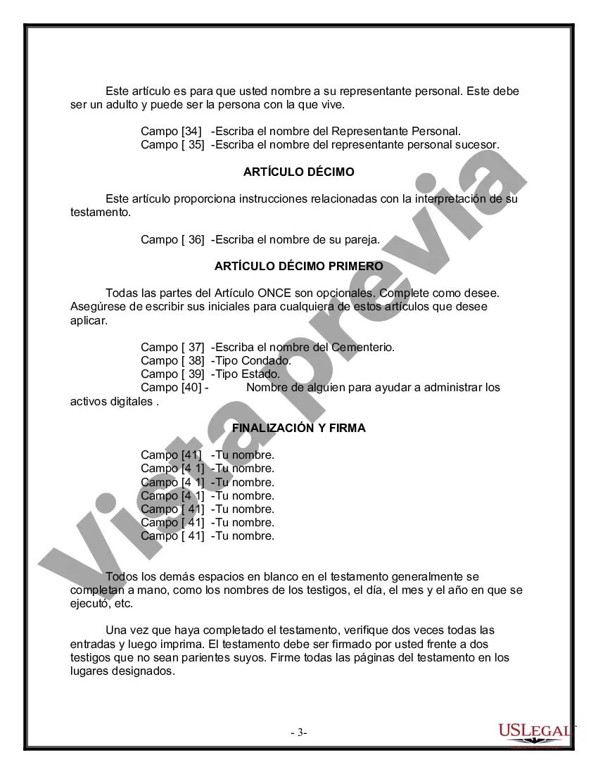 Preview Formulario de última voluntad y testamento legal para pareja de unión civil con hijos adultos de matrimonio anterior
