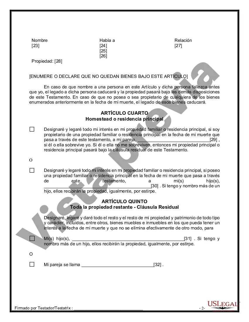 Preview Formulario de última voluntad y testamento legal para pareja de unión civil con hijos adultos de matrimonio anterior